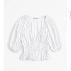 White Short Puff Sleeve Linen Babydoll Top